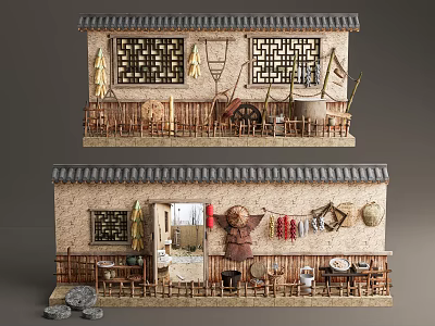 Traditional Rural Garden Decor With Miniature House Bamboo Fence And Hanging Items 3d model
