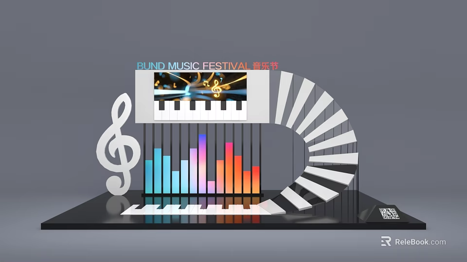 Round Music Festival Stage Design With Spiral Structure Piano Keys Music Note And Colorful Spectrum 3d model 