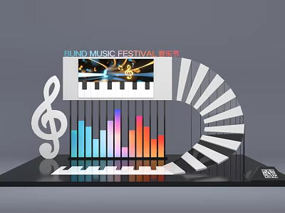 Round Music Festival Stage Design With Spiral Structure Piano Keys Music Note And Colorful Spectrum 3d model
