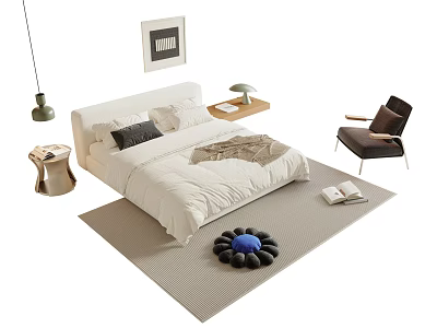 Modern Double Bed With White Bedding Gray Cushion Bedside Table Black Chair And Gray Rug 3d model