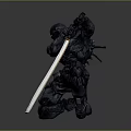 Detailed 3D Warrior Model With Armor Sword And Crouching Battle Pose