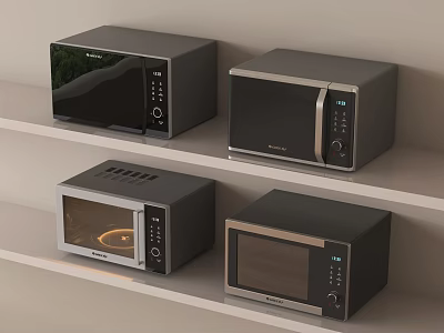 Four Stylish Modern Microwave Ovens As Essential Kitchen Appliances On Shelves 3d model