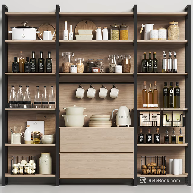 Kitchen Cabinets With Organized Kitchenware 3d model 