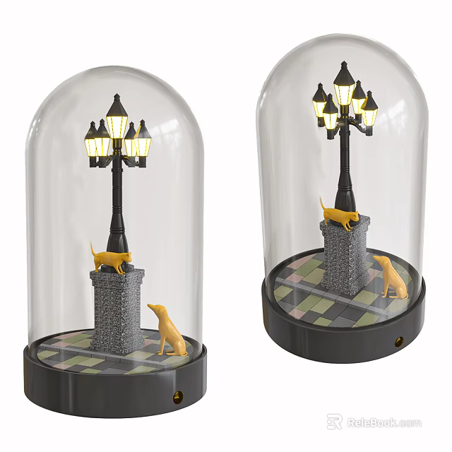 Decorative Ornament Set Featuring Street Lamp Design Transparent Glass Dome Yellow Dogs And Checkered Platform 3d model 