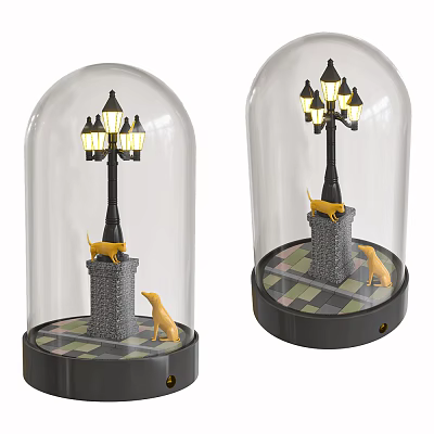 Decorative Ornament Set Featuring Street Lamp Design Transparent Glass Dome Yellow Dogs And Checkered Platform 3d model