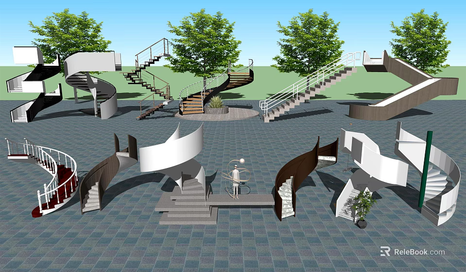 Various Spiral Stairs Designs With Metal Railings In Outdoor Courtyard With Trees 3d model 
