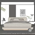 Modern Minimalist Bedroom Interior With Bed Nightstand Rug Plant Bookshelf And Artwork