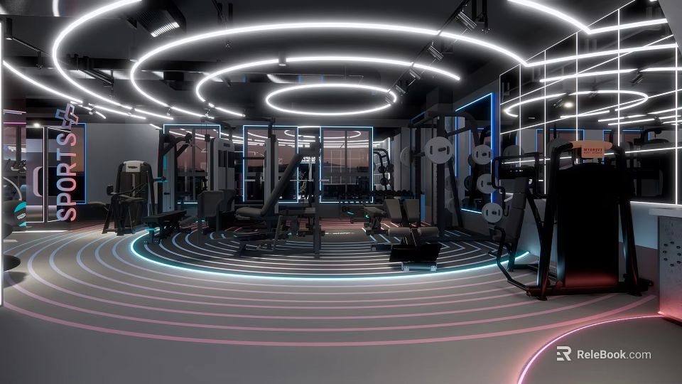 Modern Fitness Gym With Circular Neon Lights Workout Equipment And Mirror Walls 3d model 