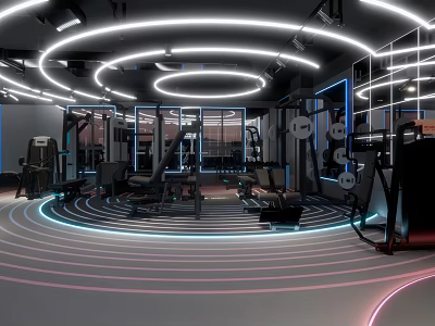 Modern Fitness Gym With Circular Neon Lights Workout Equipment And Mirror Walls 3d model