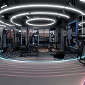 Modern Fitness Gym With Circular Neon Lights Workout Equipment And Mirror Walls
