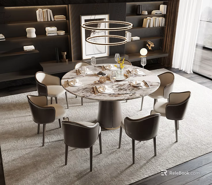 Modern Round Marble Dining Table Set with Six Dark Chairs Circular Chandelier and Decorative Centerpiece 3d model 