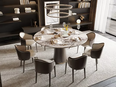 Modern Round Marble Dining Table Set with Six Dark Chairs Circular Chandelier and Decorative Centerpiece 3d model