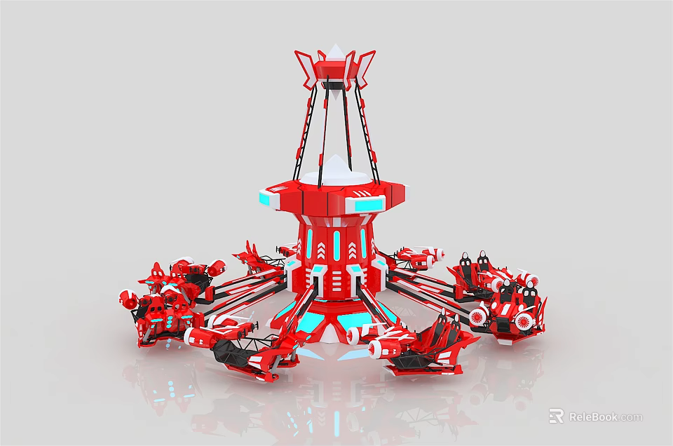 Red Amusement Ride With Multiple Spinning Seats And Decorative Winged Top Blue Accents 3d model 