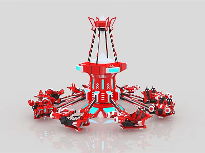 Red Amusement Ride With Multiple Spinning Seats And Decorative Winged Top Blue Accents 3d model
