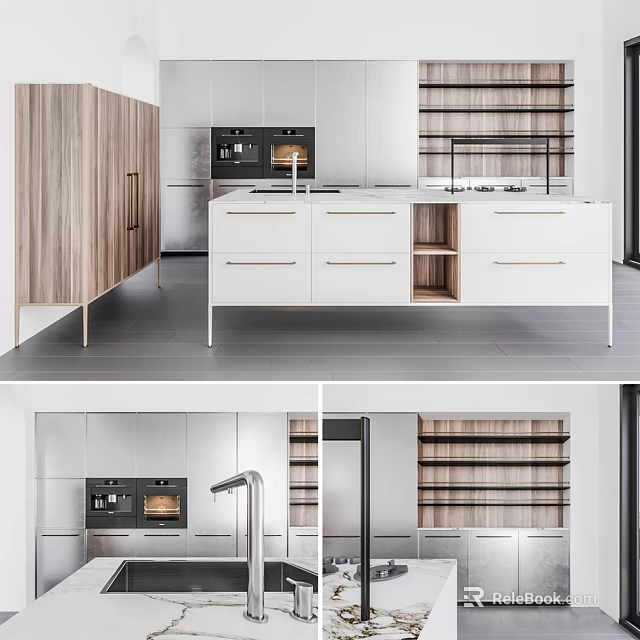 Modern Kitchen Design With White Cabinets And Wooden Storage Shelves 3d model 