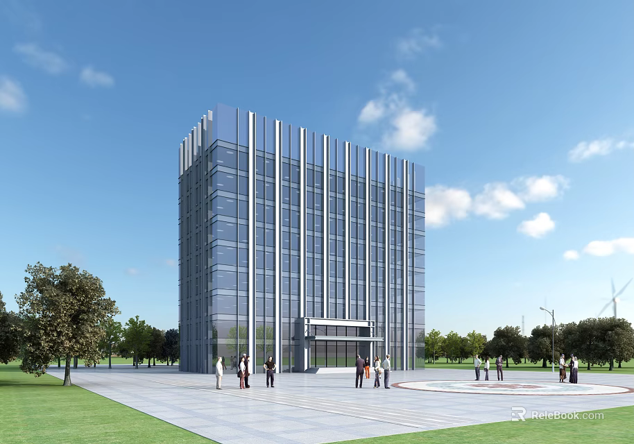 Tall Modern Office Building Featuring Glass Curtain Wall And Green Lawn With People Around 3d model 