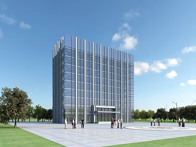 Tall Modern Office Building Featuring Glass Curtain Wall And Green Lawn With People Around 3d model