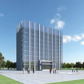 Tall Modern Office Building Featuring Glass Curtain Wall And Green Lawn With People Around