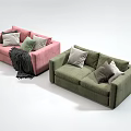 Stylish Pink And Green Two Seater Sofas With Decorative Pillows And Blanket 3d model
