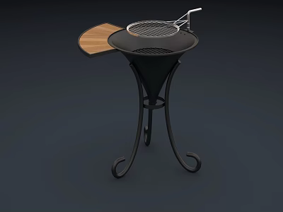 Modern Outdoor Grill With Metal Frame And Wooden Side Table For Backyard Cooking 3d model