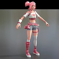 Game and Movie Character With Pink Hair White Top Red Heart Denim Shorts Red Boots