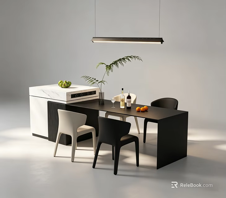 Modern Dining Table Set With Black White Chairs Fruits Wine Bottle And Hanging Light 3d model 