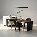 Modern Dining Table Set With Black White Chairs Fruits Wine Bottle And Hanging Light