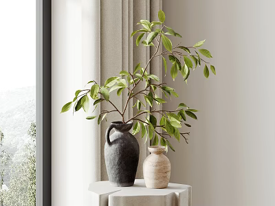 Black And Beige Vases With Green Leaves On White Table By Window Curtains 3d model