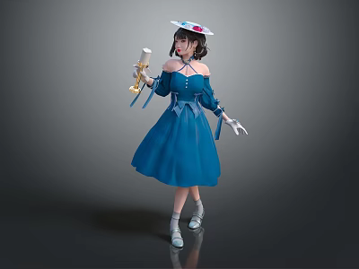 Game Movie Character In Blue Dress With White Hat Red Decoration Holding Ice Cream 3d model