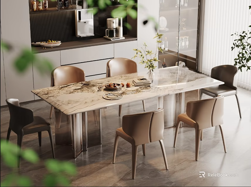 Elegant Modern Marble Dining Table Set With Brown Chairs And Decorative Plants In Interior 3d model