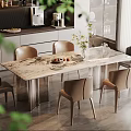 Elegant Modern Marble Dining Table Set With Brown Chairs And Decorative Plants In Interior 3d model