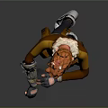 Brave Character With Mechanical Arm And Playful Creature In Brown Coat Attire