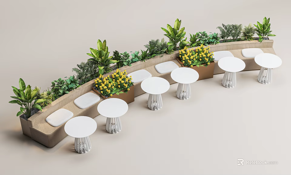 Outdoor Landscape Seating With Green Plants Yellow Flowers White Round Tables And Stools 3d model 
