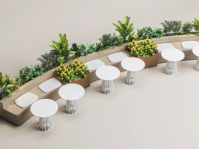 Outdoor Landscape Seating With Green Plants Yellow Flowers White Round Tables And Stools 3d model