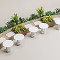 Outdoor Landscape Seating With Green Plants Yellow Flowers White Round Tables And Stools