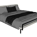Modern Double Bed with White Bedding Gray Pillows Black Blanket and Metal Legs
