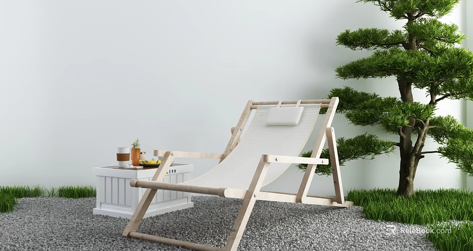 Wooden Frame Lounge Chair With White Cushion Side Table And Green Tree On Gravel Ground 3d model 