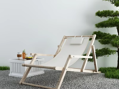 Wooden Frame Lounge Chair With White Cushion Side Table And Green Tree On Gravel Ground 3d model