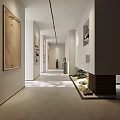 Modern Minimalist Corridor Design With Chinese Paintings Green Plants Pebbles And Brick Wall