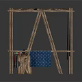 Bamboo Fabric Stalls With Hanging Colorful Fabrics And Small Tables Below