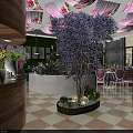 Stylish Restaurant Interior With Green Wall Flower Decorations Chandeliers Checkerboard Floor And Sofa Seating