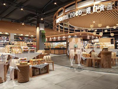 Modern Supermarket Grocery Interior With Imported Food Bakery Section And Wooden Display Shelves 3d model