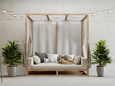 Outdoor Sofa With Canopy Wooden Frame Cushions Green Plants And String Lights 3d model