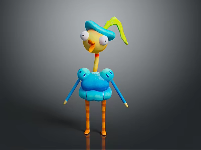 Cartoon Bird Game Character With Blue Body Yellow Legs Blue Hat Green Feather And Big Eyes 3d model