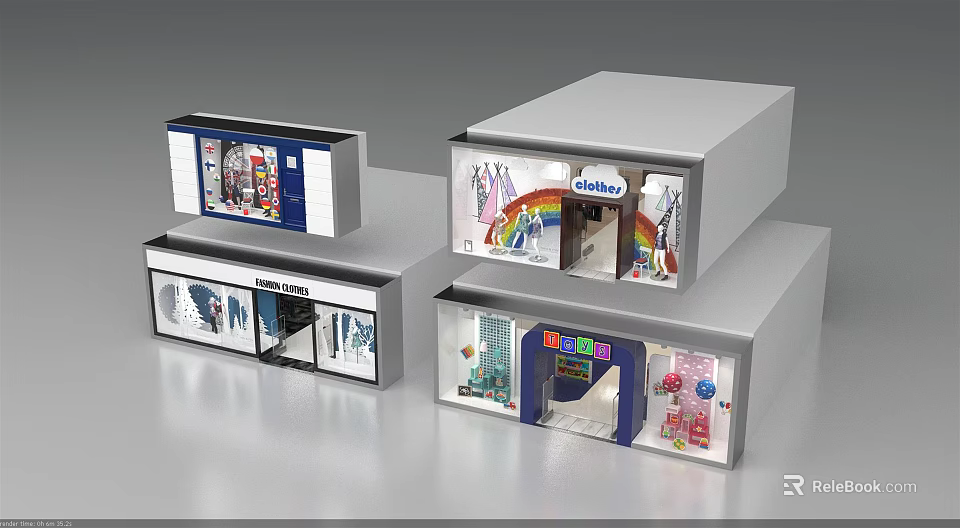 Various Retail Shop Window Displays With Clothing Rainbow Decor And Kid Products 3d model 