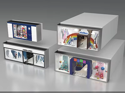 Various Retail Shop Window Displays With Clothing Rainbow Decor And Kid Products 3d model