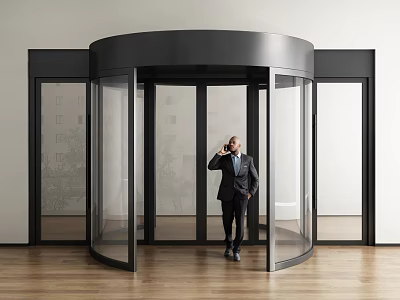 Modern Revolving Door With Glass Panels And Man In Suit Talking On Phone 3d model