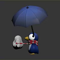 Cute Blue Penguin With Red White Scarf Holding Blue Umbrella Next To White Cloud