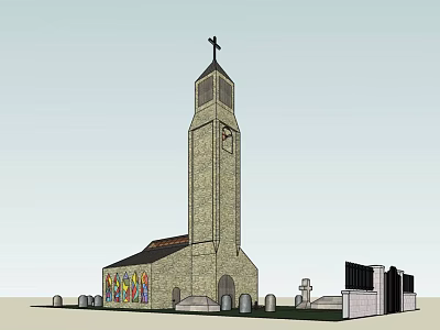 Ancient Historic Building With Tower Cross Stained Glass Windows And Tombstones 3d model