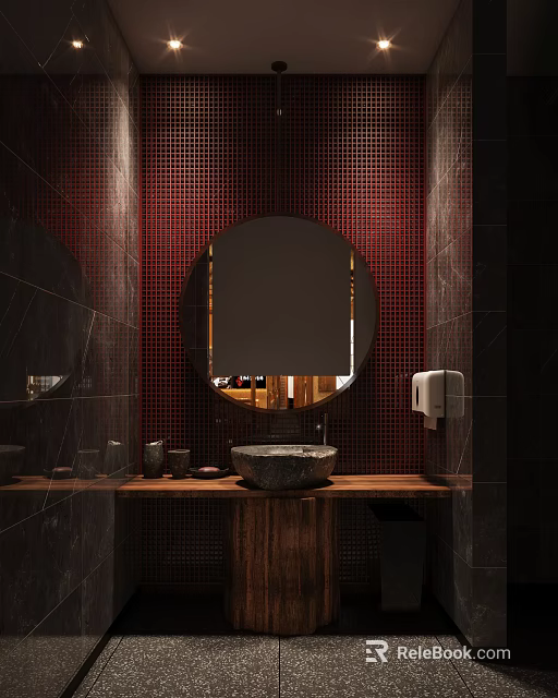 Public Restroom Interior With Red Wall Round Mirror Stone Sink And Wooden Countertop 3d model 